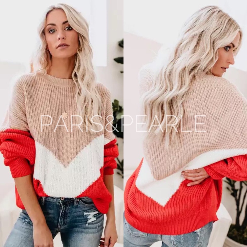Emerson Beige & Red Oversized Color Block Sweater - Picture 1 of 7
